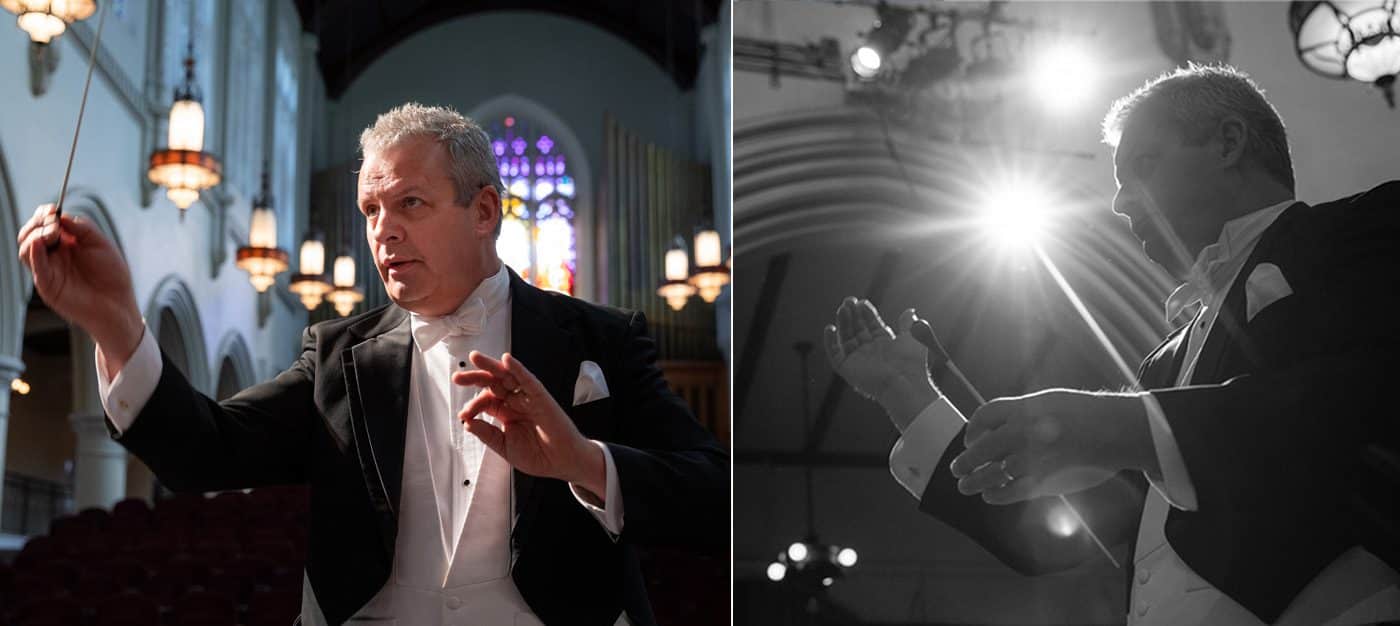 rick A conductor in a tuxedo conducts an orchestra, with warm church lighting on the left and a backlit silhouette on the right.