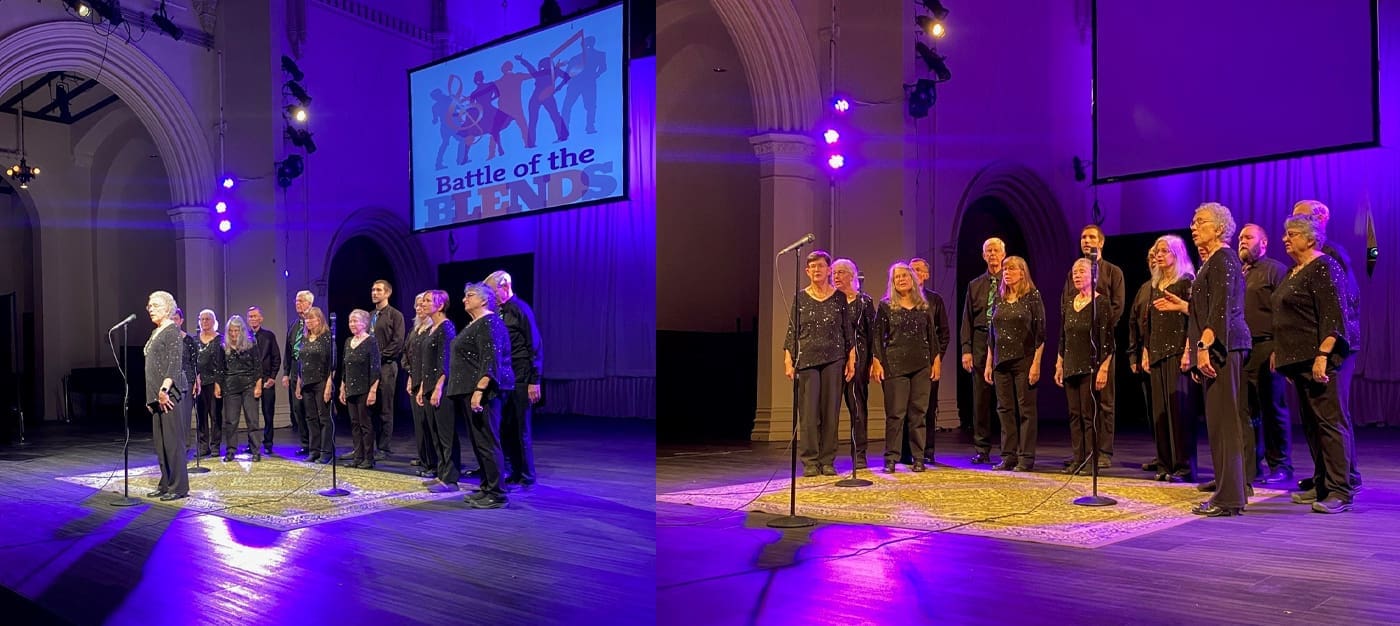 bbotb-1 Two side-by-side views of a choir performing on a lit stage with microphones, under purple lighting and a projected screen.