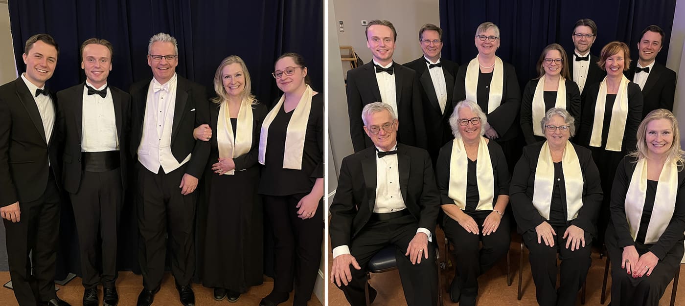 soloists2 Two-panel collage of a choir in black tuxedos and white scarves posing on a stage with a blue curtain.