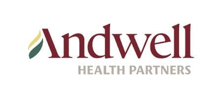 The Andwell Health Partners logo featuring maroon lettering and a green leaf symbol.