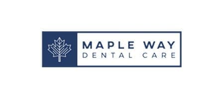 Maple Way Dental Care logo featuring a blue left panel with a white maple leaf and a white right panel with the text MAPLE WAY DENTAL CARE.