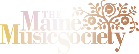 Logo for The Maine Music Society featuring gradient typography and a decorative brown floral tree motif on the right.